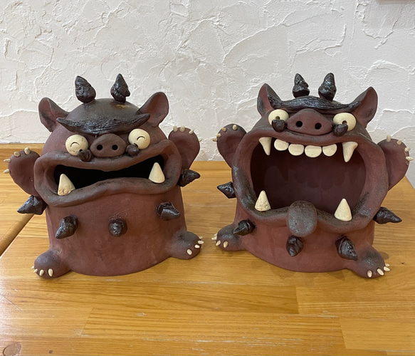 【受注制作】特大シーサーの置き物（ペア）　陶器　笑う門には福来る！　置物　玄関 受注制作