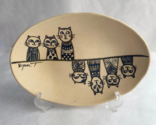 フランス ヴィンテージ 猫のトレイ オーバルプレート 透かし 絵
