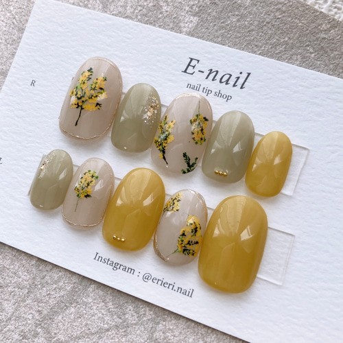 ネイルチップ オーダー ミモザ 押し花 イエロー 春 ニュアンス ネイルチップ オーダー ミモザ 押し花 イエロー 春 ニュアンス