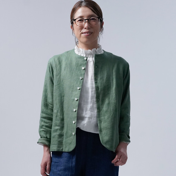 wafu】Linen Jacket 首があきすぎないジャケット / ジェイド