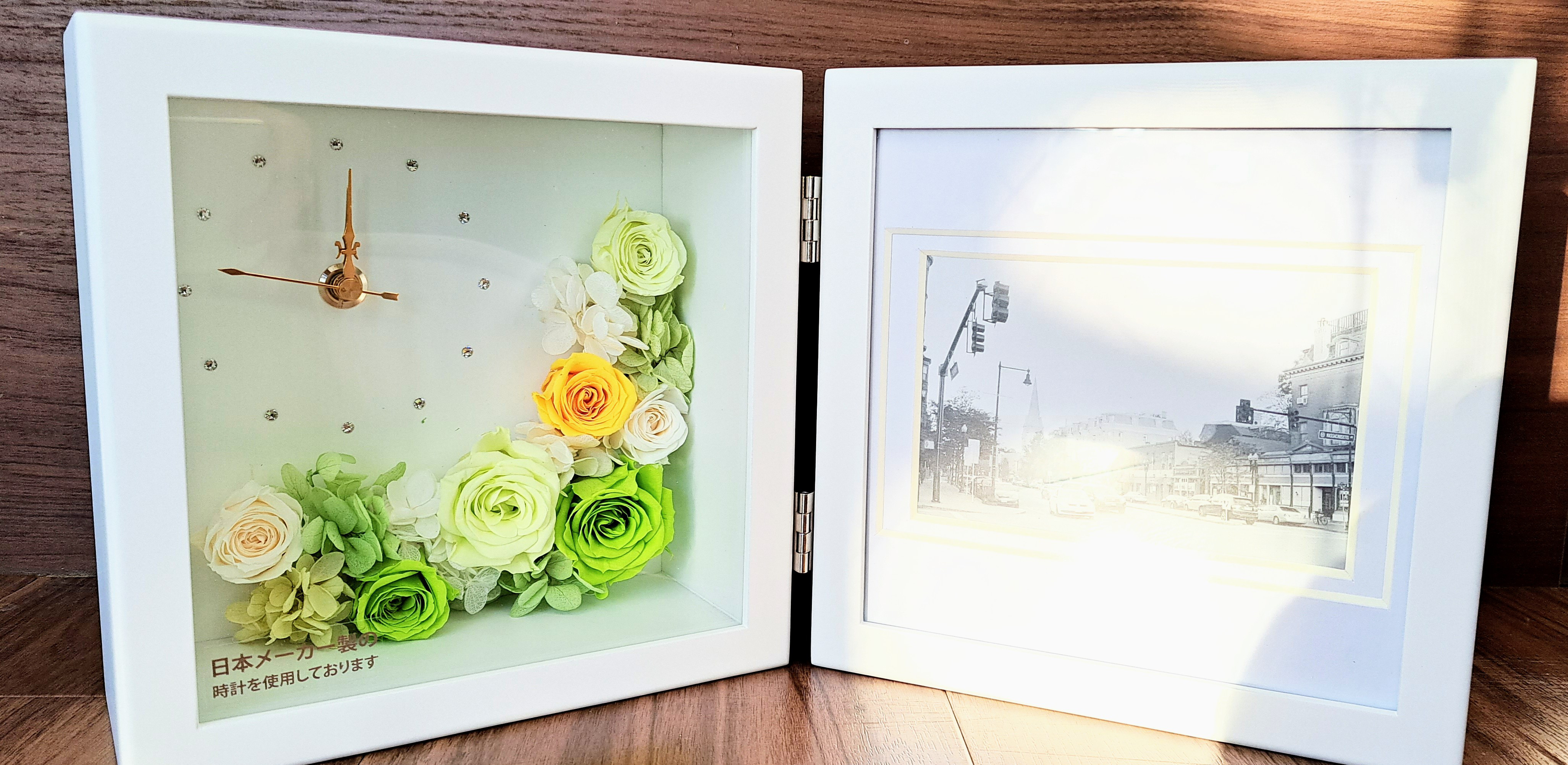 ギフトに！プリザーブドフラワーの花時計と写真立て　グリーン&イエロー