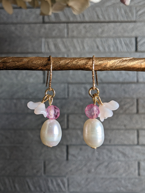 14kgf 天使羽毛❀ 淡水珍珠天然石粉色托帕石耳環或耳環 SV925 第2張的照片
