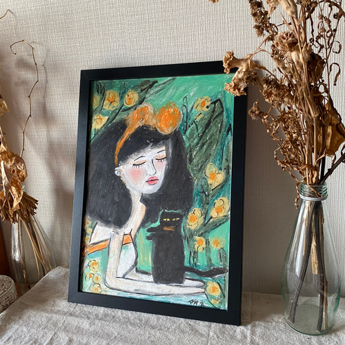 絵画 。壁掛け絵【花の中の美しい女の子とかわいい黒猫】 絵画