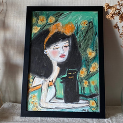 絵画 。壁掛け絵【花の中の美しい女の子とかわいい黒猫】 絵画