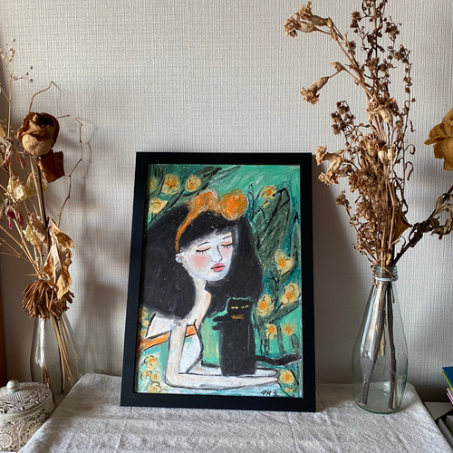 絵画。壁掛け原画【花の中の女の子と黒猫】の通販 by アカザ麦