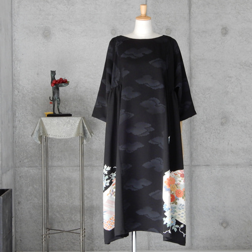 着物リメイク 黒留チュニックワンピース フリーサイズ kimono  