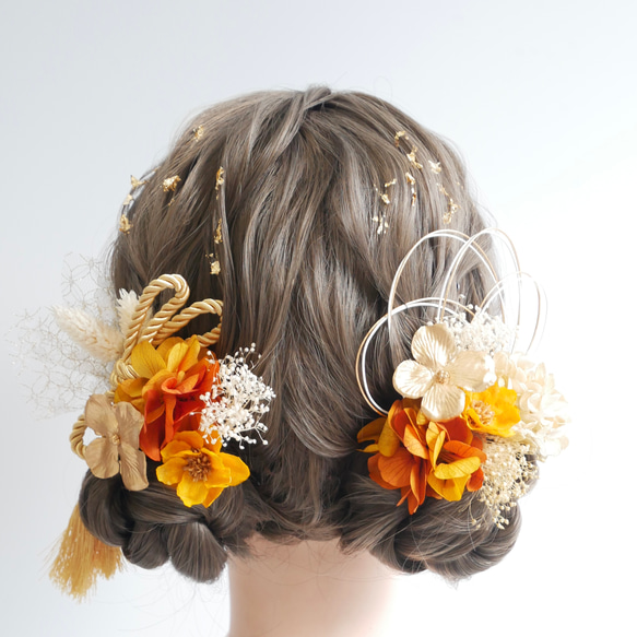 A383 オレンジ アネモネ タッセル ドライフラワー 金箔 髪飾り 水引