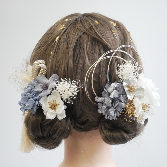 A385 青 タッセル 桜 ドライフラワー 金箔 髪飾り 水引 卒業式 袴 成人