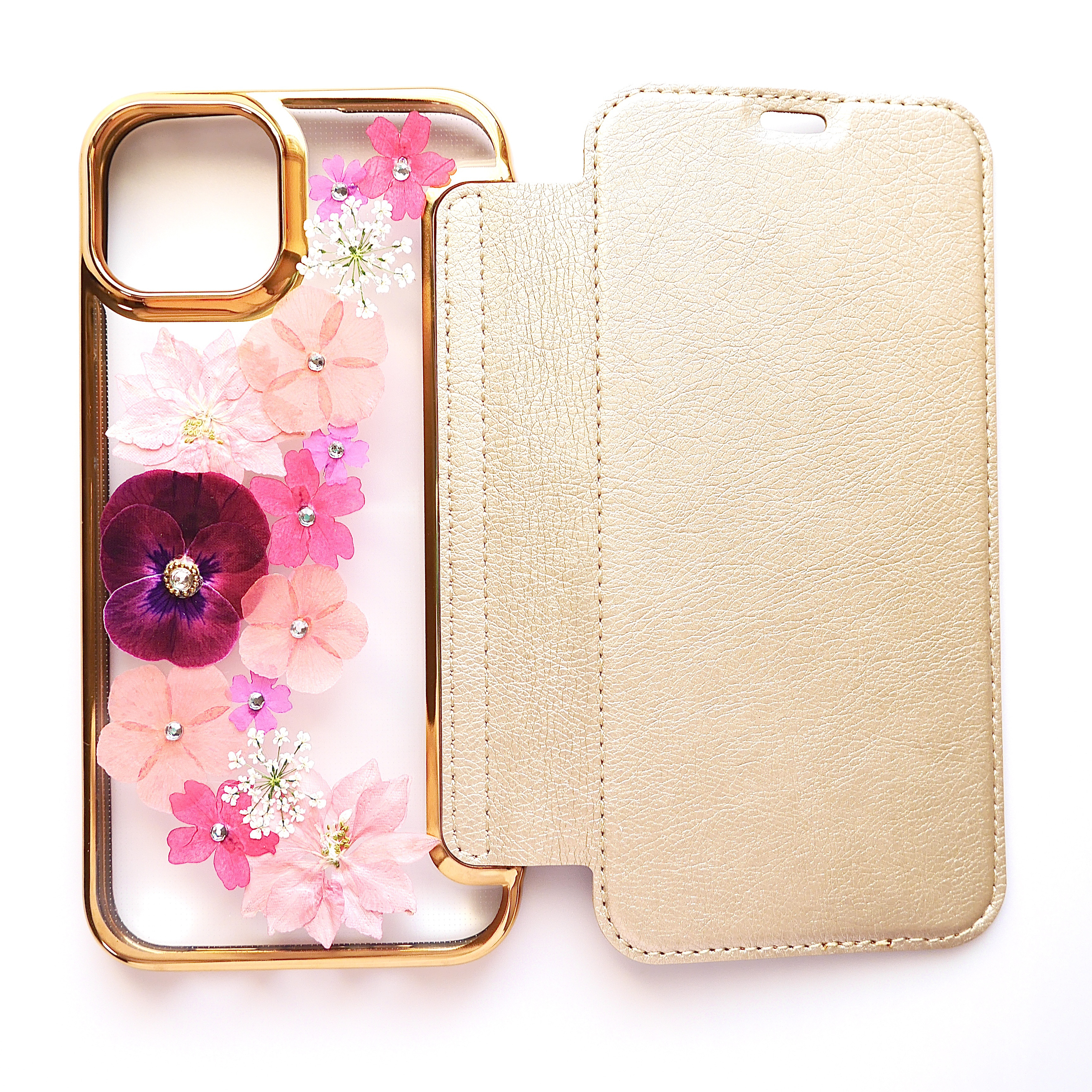 手帳型 スマホケース 押し花 赤ビオラ Ω | 高品質