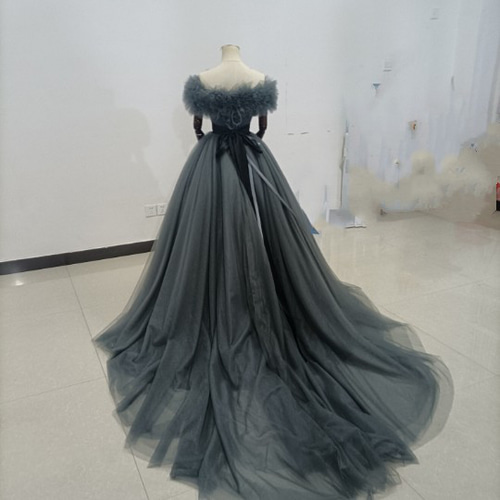 ブルーグレーカラードレス オフショルダーの2WAYドレス ロングトレーン  