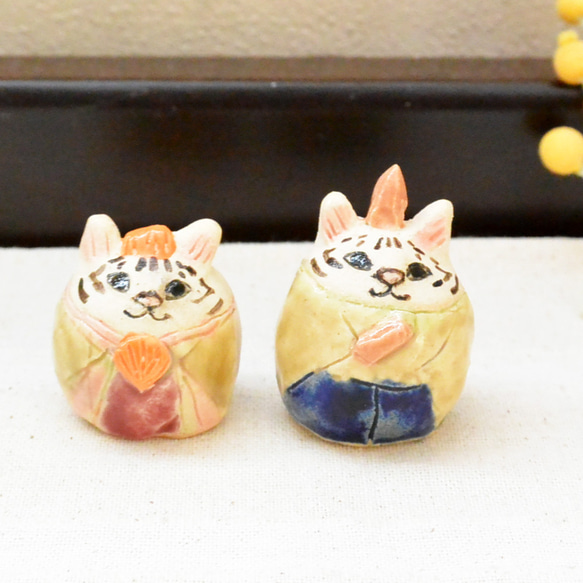猫のお雛様　ひな人形　トラねこ　小さめサイズ　手作り陶器・陶芸　ネコの置き物 9枚目の画像