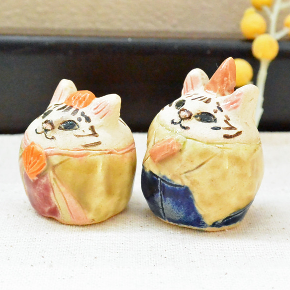 猫のお雛様　ひな人形　トラねこ　小さめサイズ　手作り陶器・陶芸　ネコの置き物 4枚目の画像