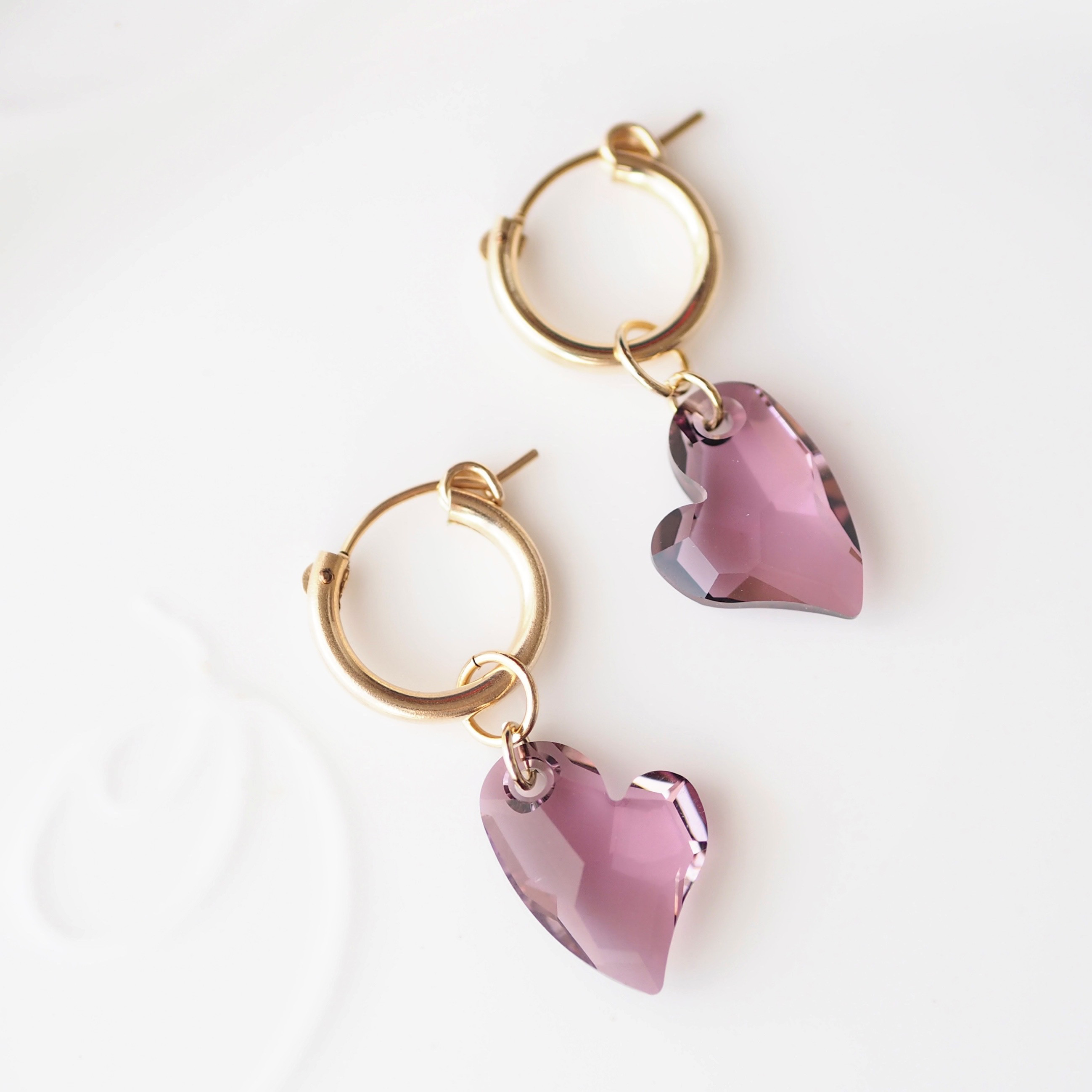 アンティークピンク＊2wayスワロフスキークリスタルハートの14kgf15mmフープピアス