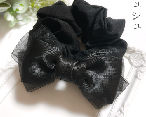 大人 リボン シュシュ ブラック ヘアアクセサリー 発表会 ヘア