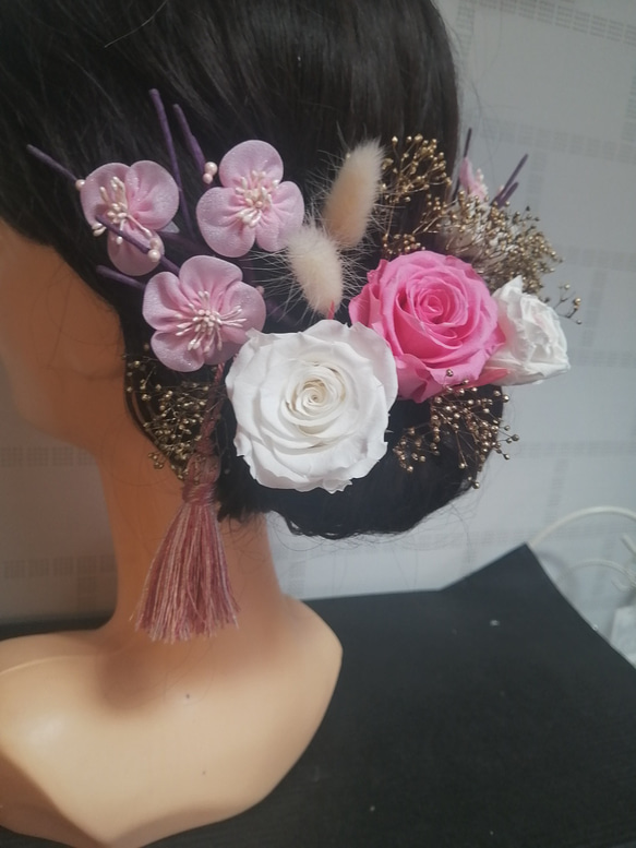 値下げ梅の花＆プリザーブドフラワーの髪飾り　ピンク系　結婚式　成人式　卒業　入学　パーティー他 2枚目の画像