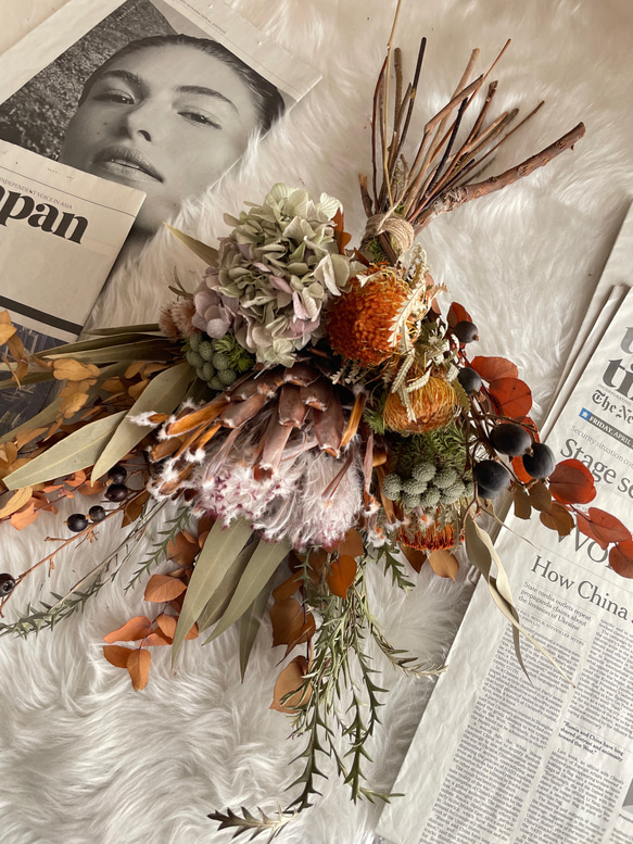 ドライフラワーブーケ プロテアのアンティークブーケ 花束 スワッグ 開店祝い インテリア ウエルカムスペース お祝い 2枚目の画像