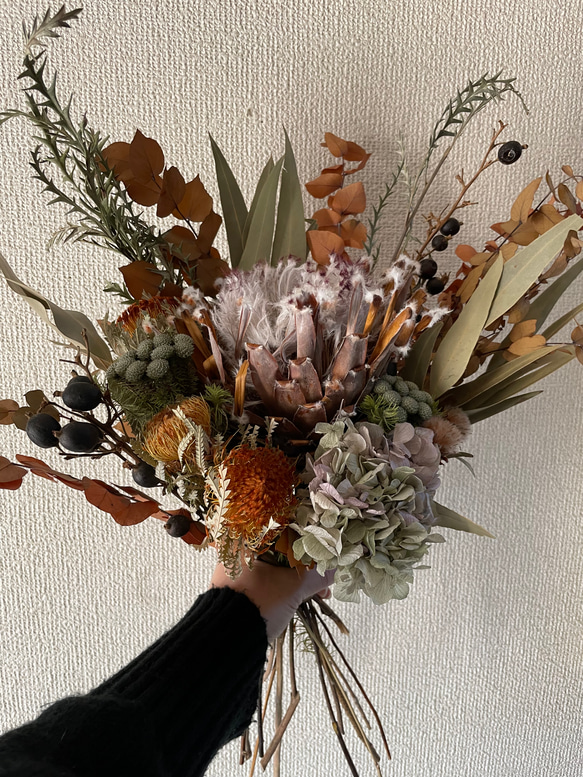 ドライフラワーブーケ プロテアのアンティークブーケ 花束 スワッグ 開店祝い インテリア ウエルカムスペース お祝い 15枚目の画像