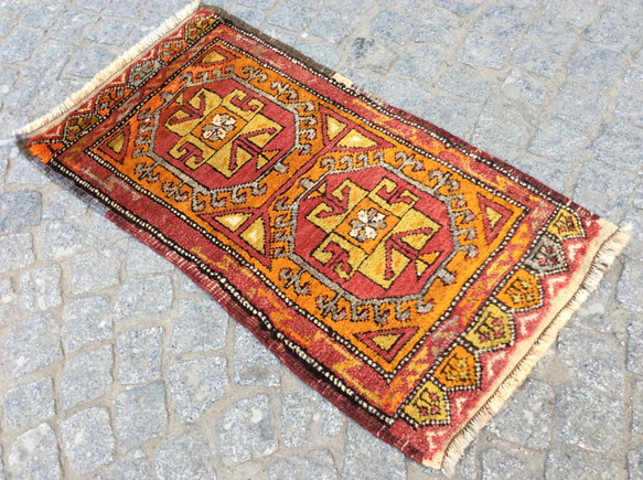 手織りトルコ絨毯 91x49cm ヴィンテージ ラグ カーペット・絨毯