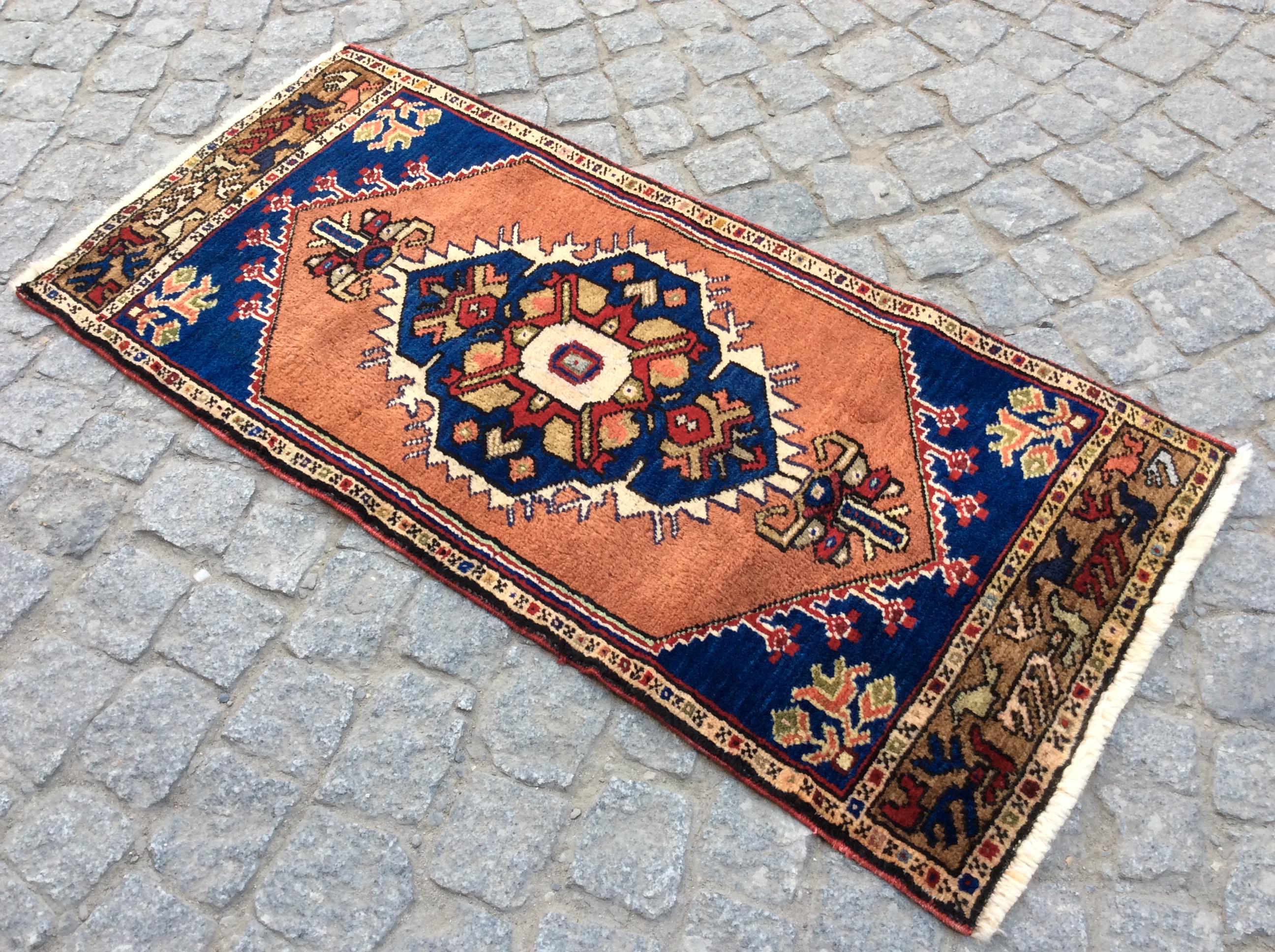 手織りトルコ絨毯 107x50cm ヴィンテージ ラグ