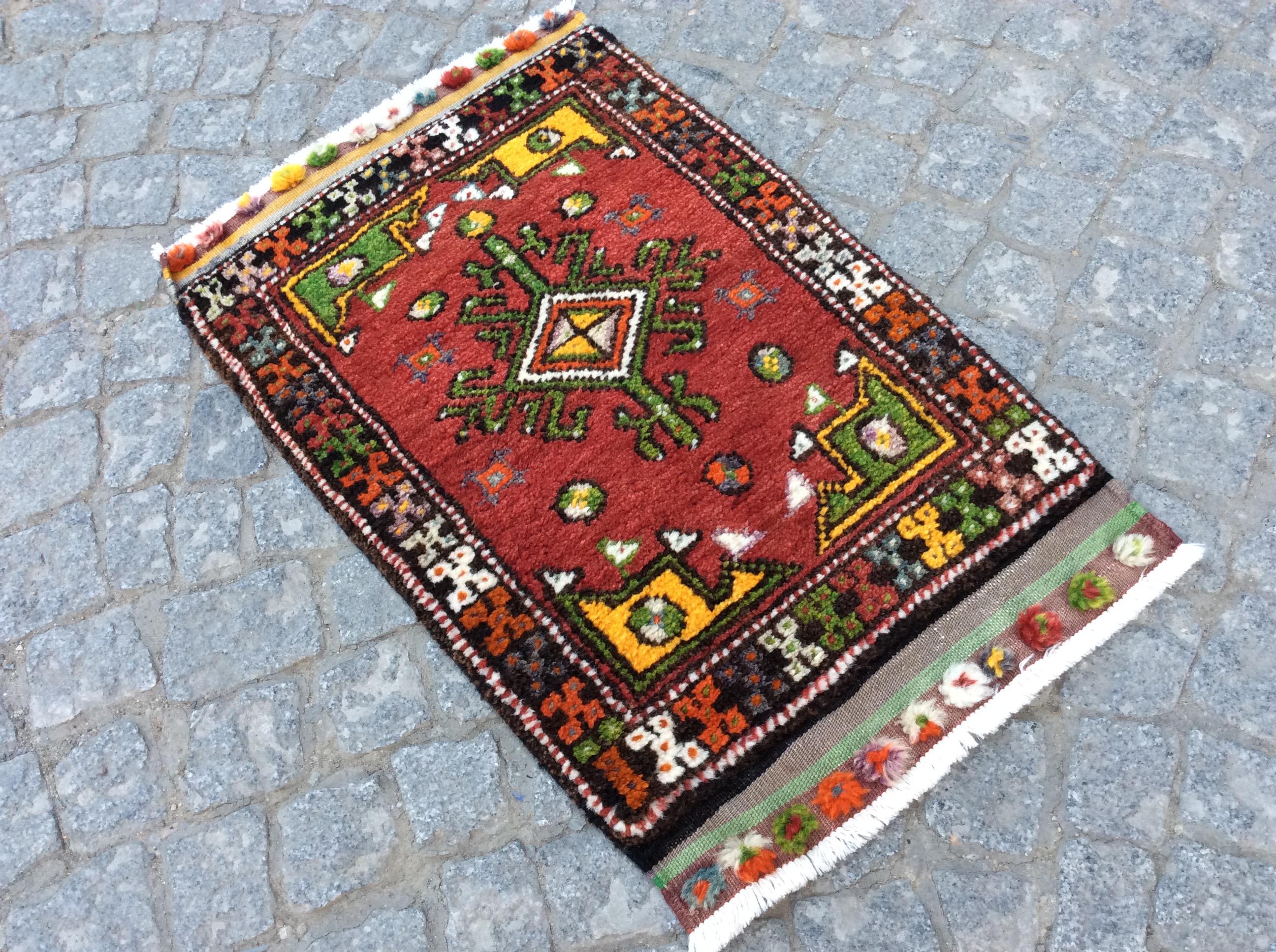 手織りトルコ絨毯 81x51cm ヴィンテージ ラグ