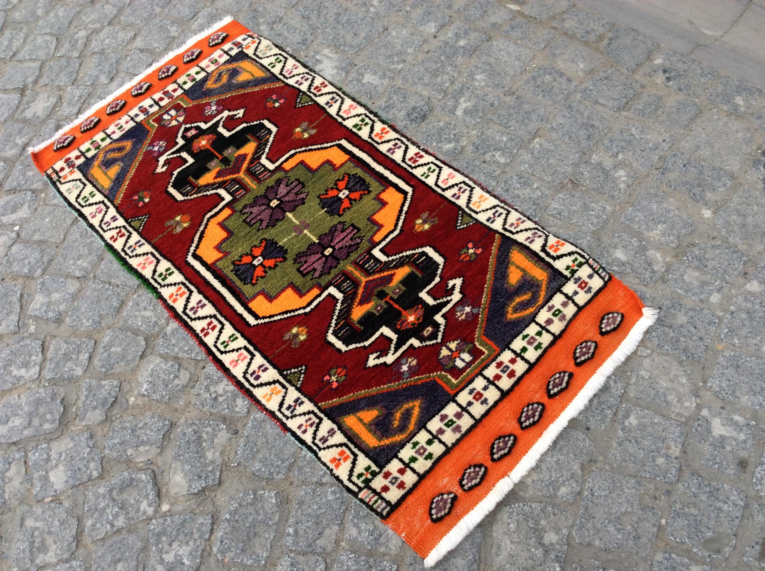 手織りトルコ絨毯 104x50cm ヴィンテージ ラグ