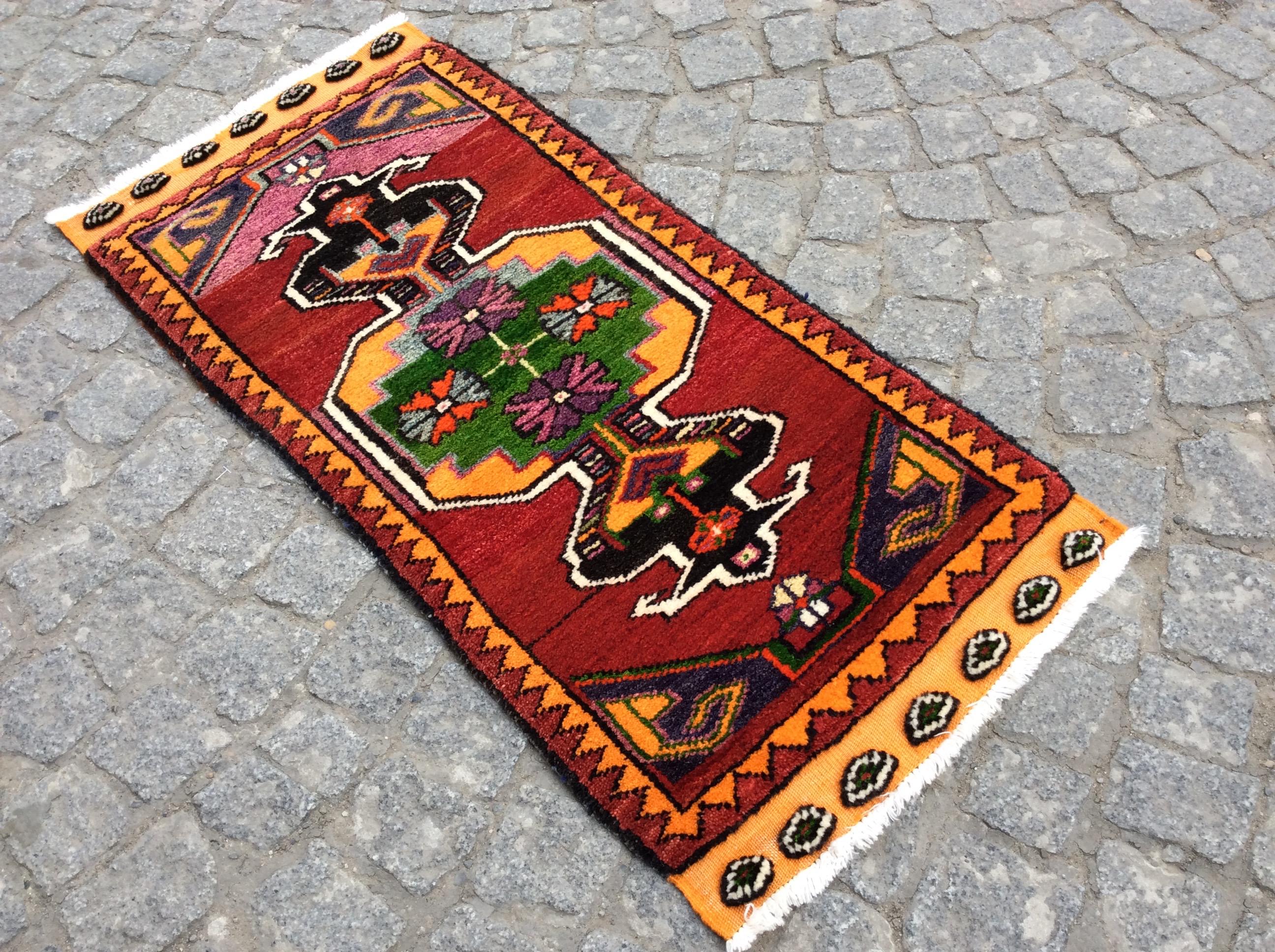 手織りトルコ絨毯 98x44cm ヴィンテージ ラグ