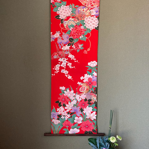 ☆送料無料☆掛け軸 着物リメイク 和風インテリア ひな祭り 桃の節句