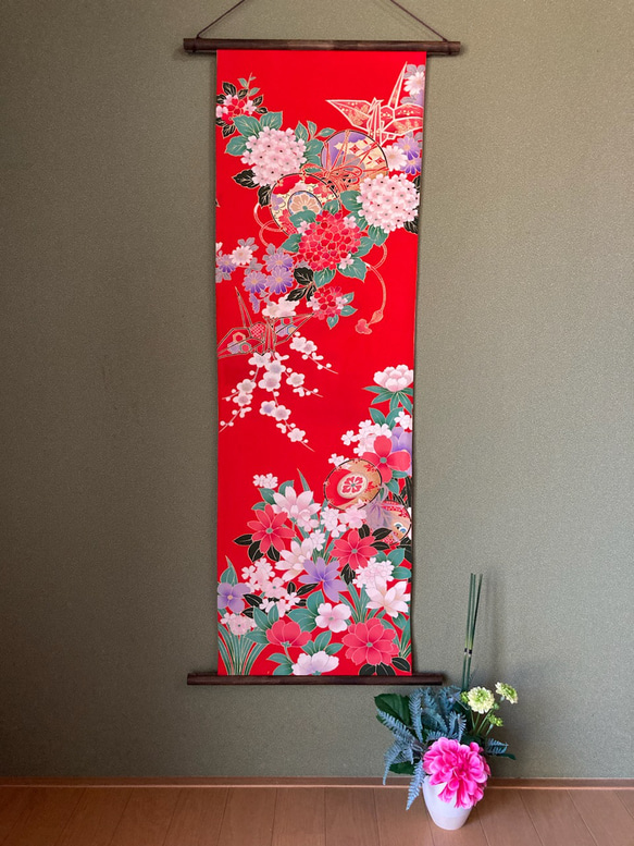 ☆送料無料☆掛け軸 着物リメイク 和風インテリア ひな祭り 桃の節句