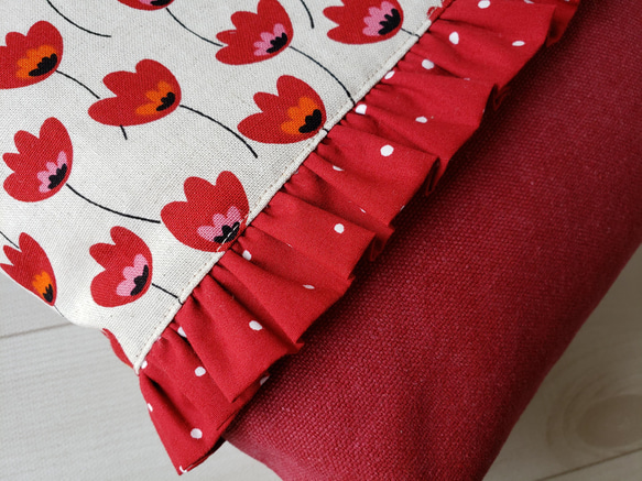 【受注制作】◆入園入学◆赤いレトロなお花のレッスンバッグ　シューズバッグ　お着替え袋　3点セット　 4枚目の画像