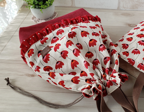 【受注制作】◆入園入学◆赤いレトロなお花のレッスンバッグ　シューズバッグ　お着替え袋　3点セット　 12枚目の画像