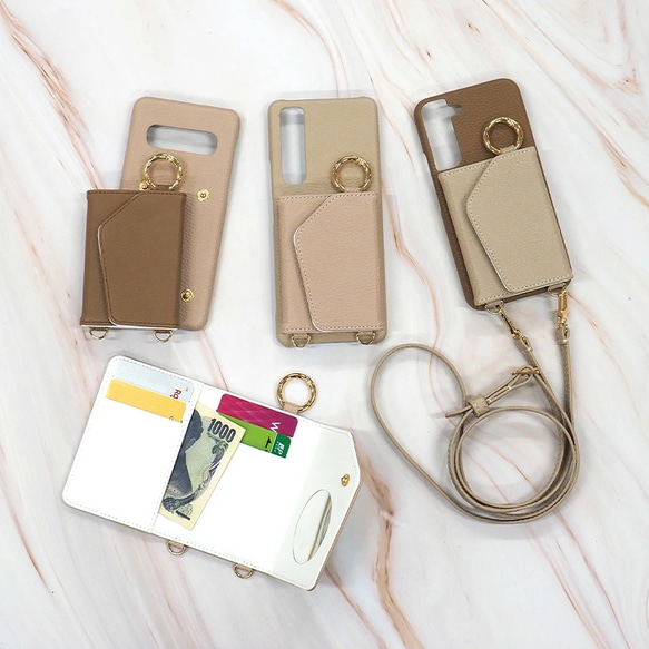 全機種対応【レザー×カード入れ ミラー ロングストラップ付き×イニシャル】スマホショルダー 大人かわいい くすみ 289 1枚目の画像