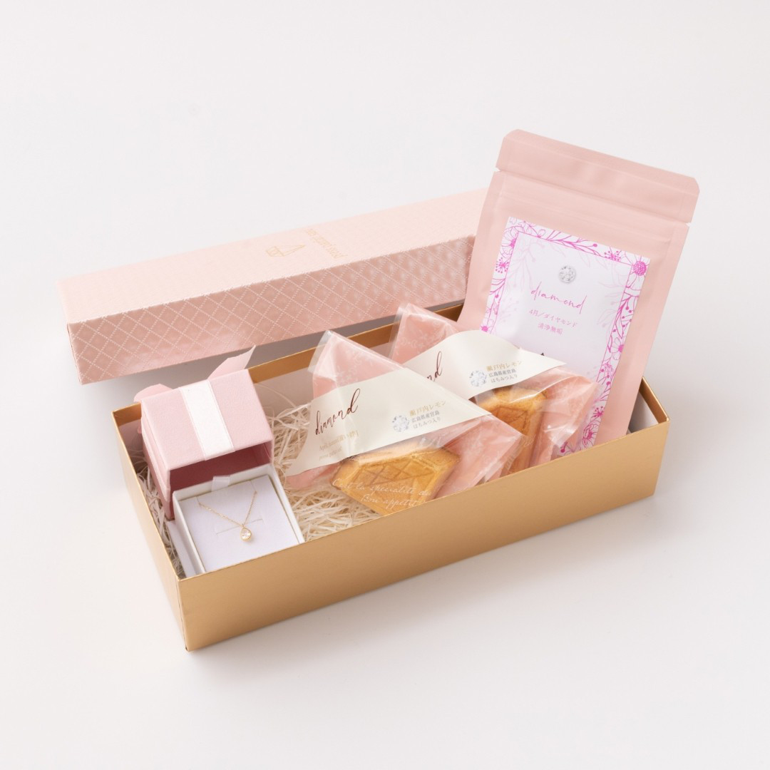【誕生日・記念日のお祝い】4月誕生石ドロップ型 キュービックネックレス＆ダイヤモンド型バターサンド＆紅茶セット