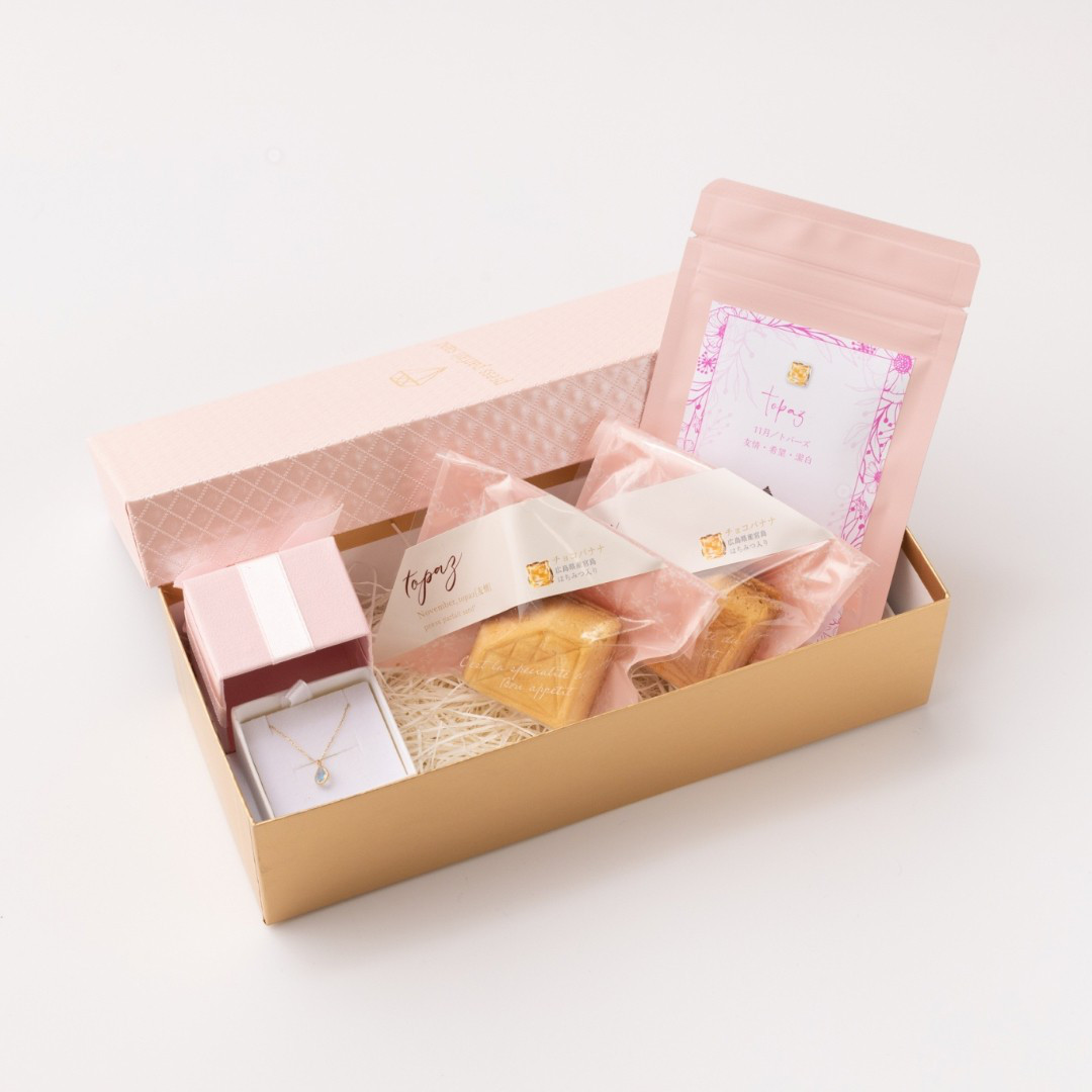 【誕生日・記念日のお祝い】11月誕生石ドロップ型 トパーズネックレス＆ダイヤモンド型バターサンド＆紅茶セット