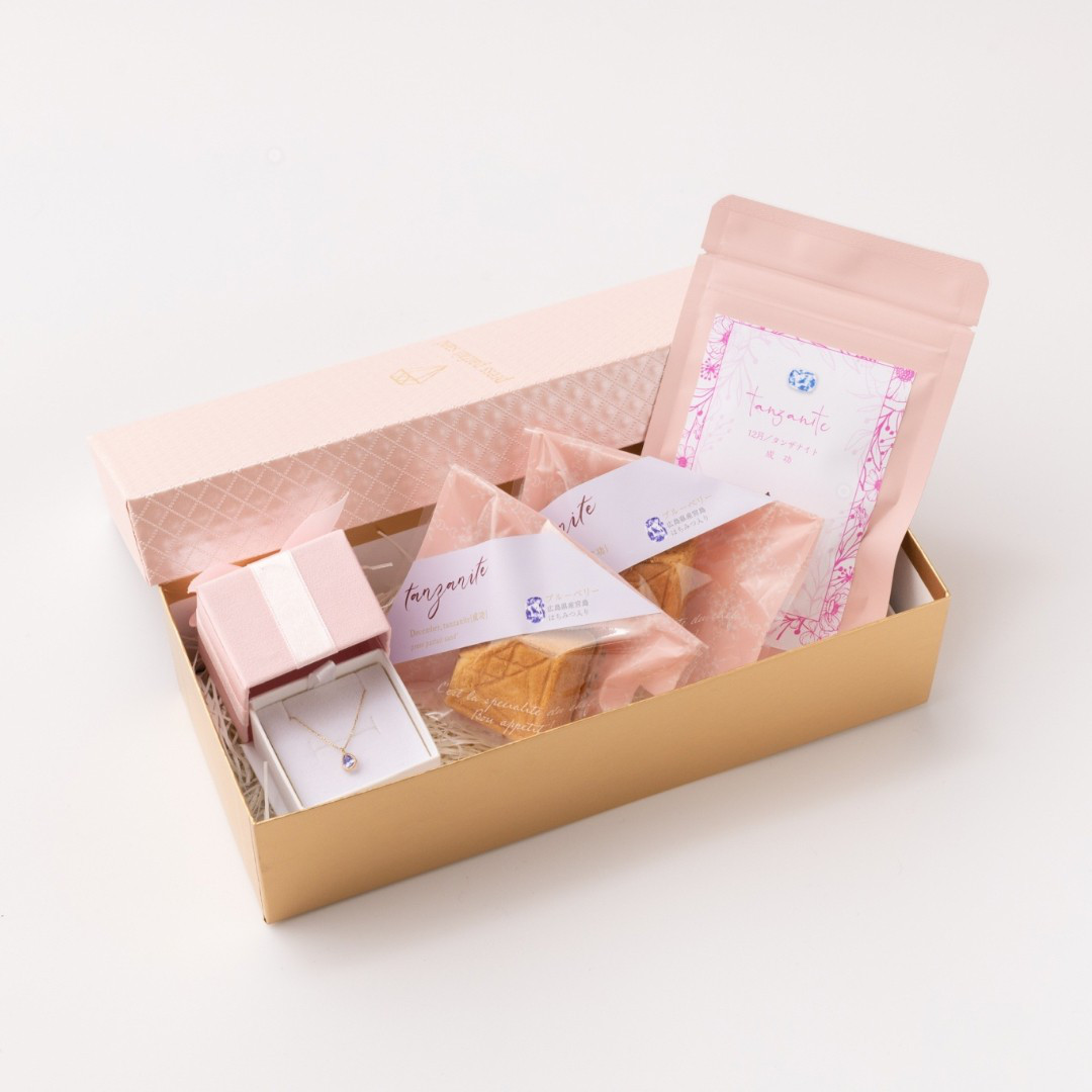 【誕生日・記念日のお祝い】12月誕生石ドロップ型 タンザナイトネックレス＆ダイヤモンド型バターサンド＆紅茶セット