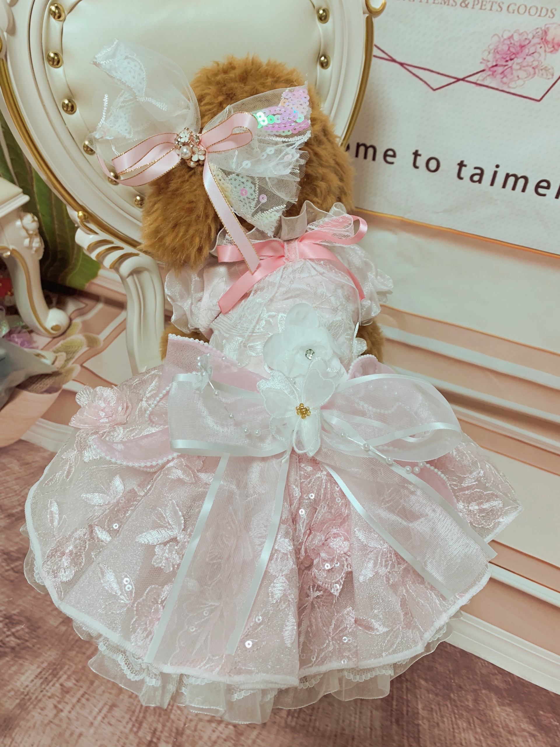 犬猫うさちゃん服　Pink色レースのワンピース