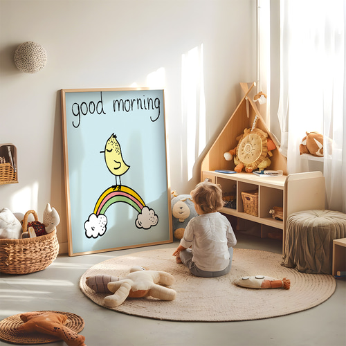 子供向けアートポスター good morning バード&レインボー 手書き風