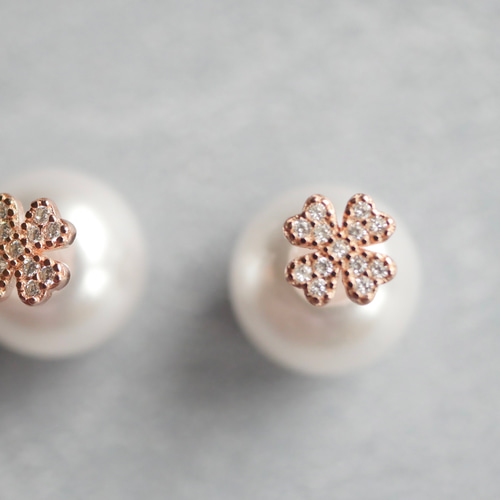 クローバーとパールの2wayピアス/イヤリング（ピンクゴールド） ピアス