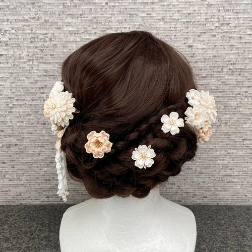 つまみ細工髪飾りset 白 ホワイト ベージュ *成人式 *卒業式 *七五三