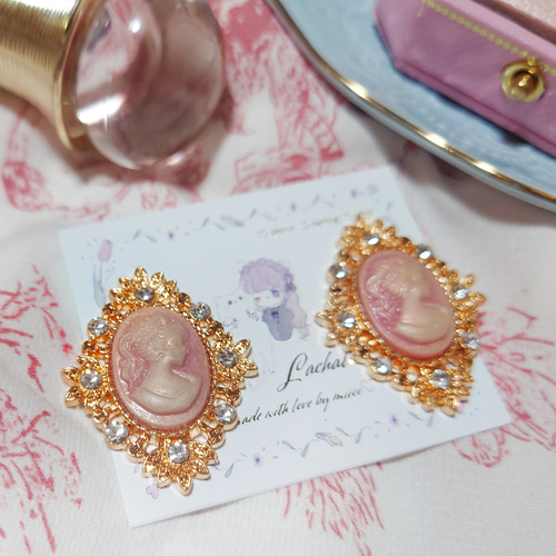 ♡PE ⌇﻿ カメオ ピンク ひし形 大人かわいい ピアス イヤリング 