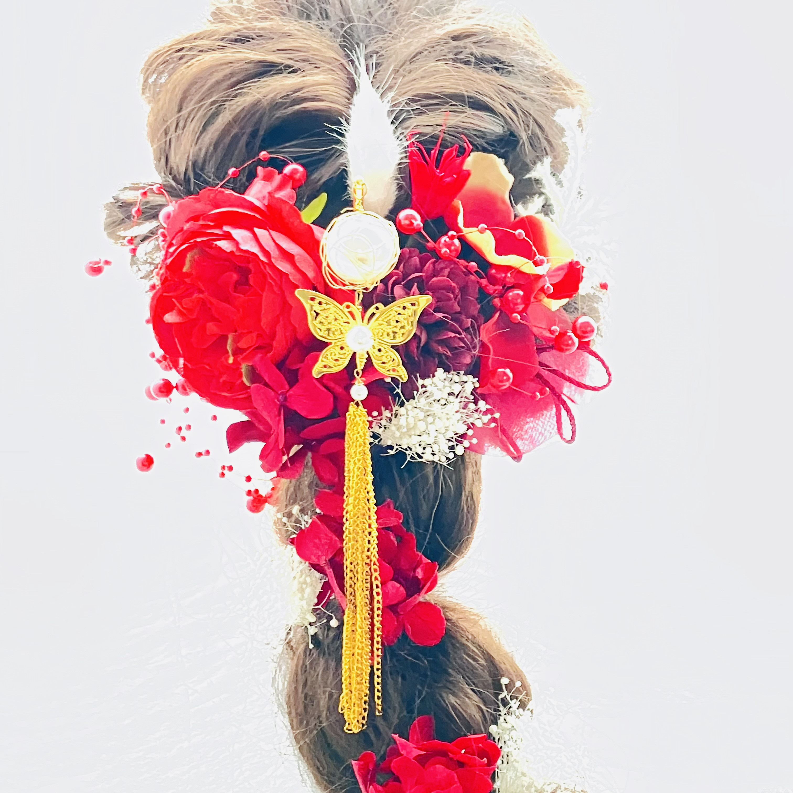 揺れるパール蝶々簪　卒業式髪飾り　結婚式髪飾り　成人式髪飾り　水引　金箔　振袖　袴　和装　プリザーブドフラワー　造花