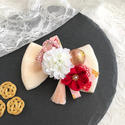 ꫛꫀꪝ【鈴付き和風リボン】ベビーヘアクリップ　キッズヘアクリップ　ヘアピン ベビーキッズ 和風リボンの髪飾り【赤】/ベビーヘアバンド ヘア