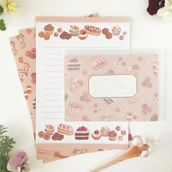 ハンドメイドオーダー受付ページ【スイーツ柄】 チョコレートスイーツ レターセット（letter writing set） レター