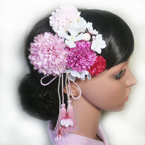髪飾り 成人式 卒業式 結婚式 花 菊と桜房付 ピンク 振袖 袴 浴衣 和装 着物 3枚目の画像