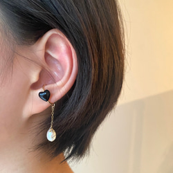 14kgf/sv925 heart ear cuff ハートの天然石 イヤーカフ オニキス 2way 6枚目の画像