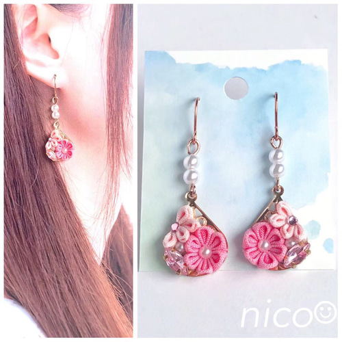 送料無料】no.10 ⁂つまみ細工⁂ピアスイヤリング ピアス（フック 
