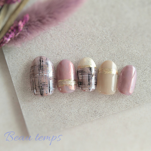 ♡ピンクのツイードネイル♡ ネイルチップ　ハンドメイド 大人のツイードネイルピンク♡ネイルチップ167 ネイルチップ（つけ爪
