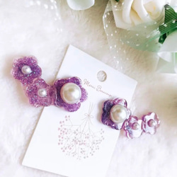 【SALE】キラキラ✧︎*。お花と大粒パールのイヤーカフ風耳飾り(purple) 3枚目の画像