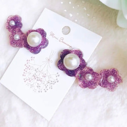 【SALE】キラキラ✧︎*。お花と大粒パールのイヤーカフ風耳飾り(purple) 4枚目の画像