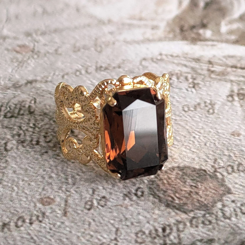 スモーキークォーツ エメラルドカットリング　シルバー　925 ヴィンテージ ダークブラウン｜エメラルドカット クリスタルガラス アンティーク調