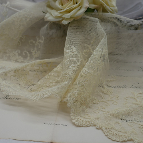 フランスアンティーク刺繍入りスカラップレース（クリームイエロー